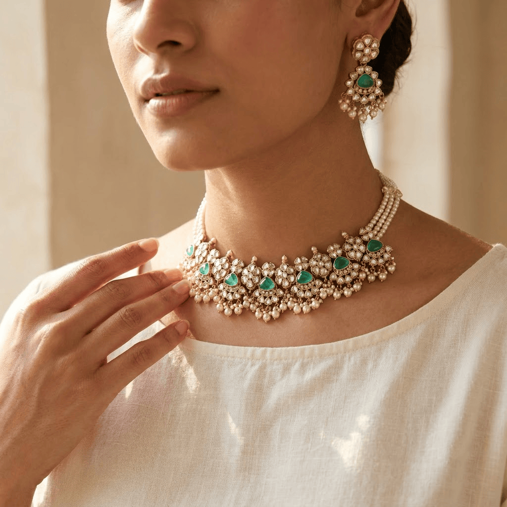 Mataari Necklaces Mint Cubic Zirconia Antique Gold Polki Pearl Choker Necklace for Wedding