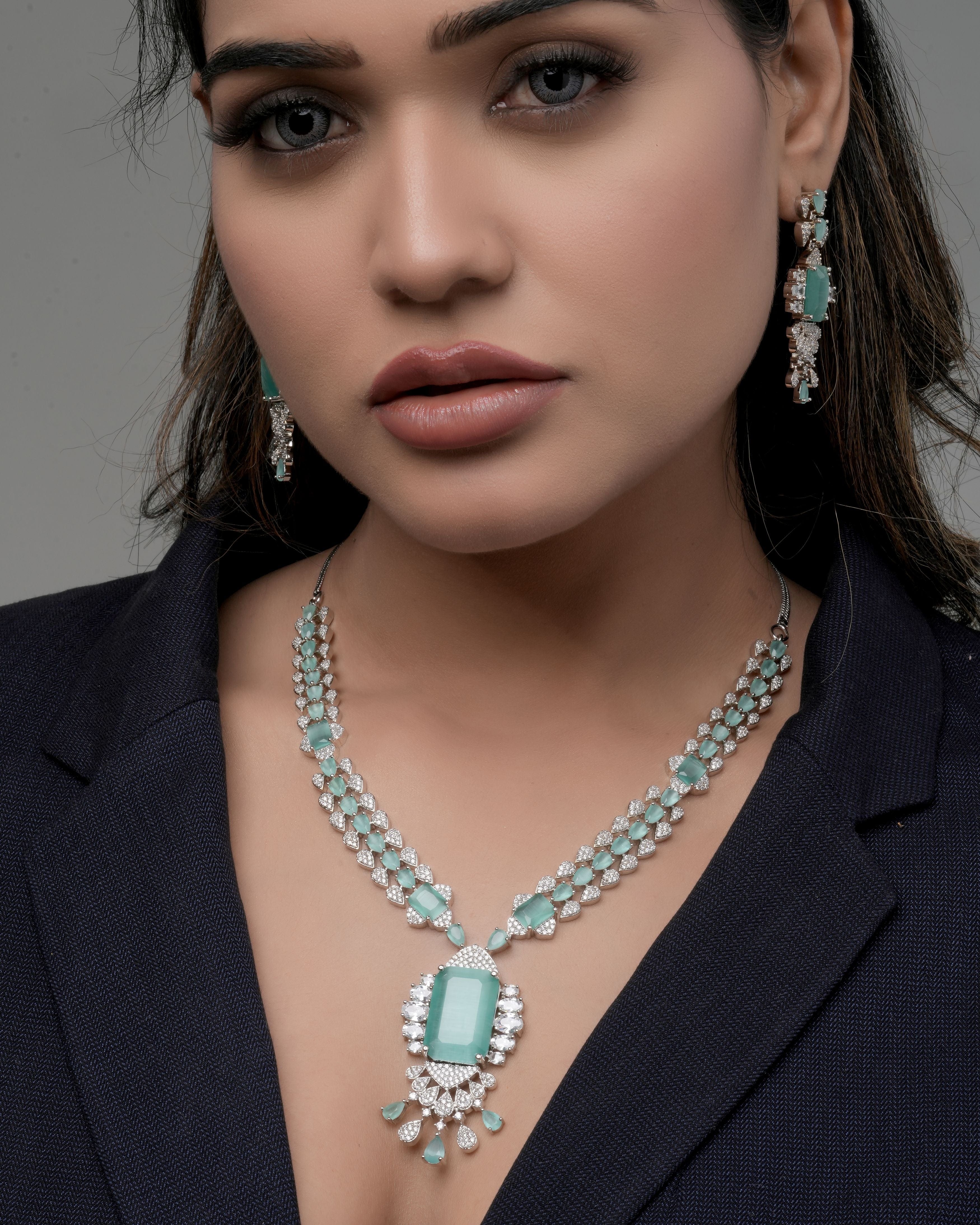 Mataari Necklaces Elegant Green Teardrop Necklace & Earrings Set | Rhodium | Indian Jewelry | Mataari