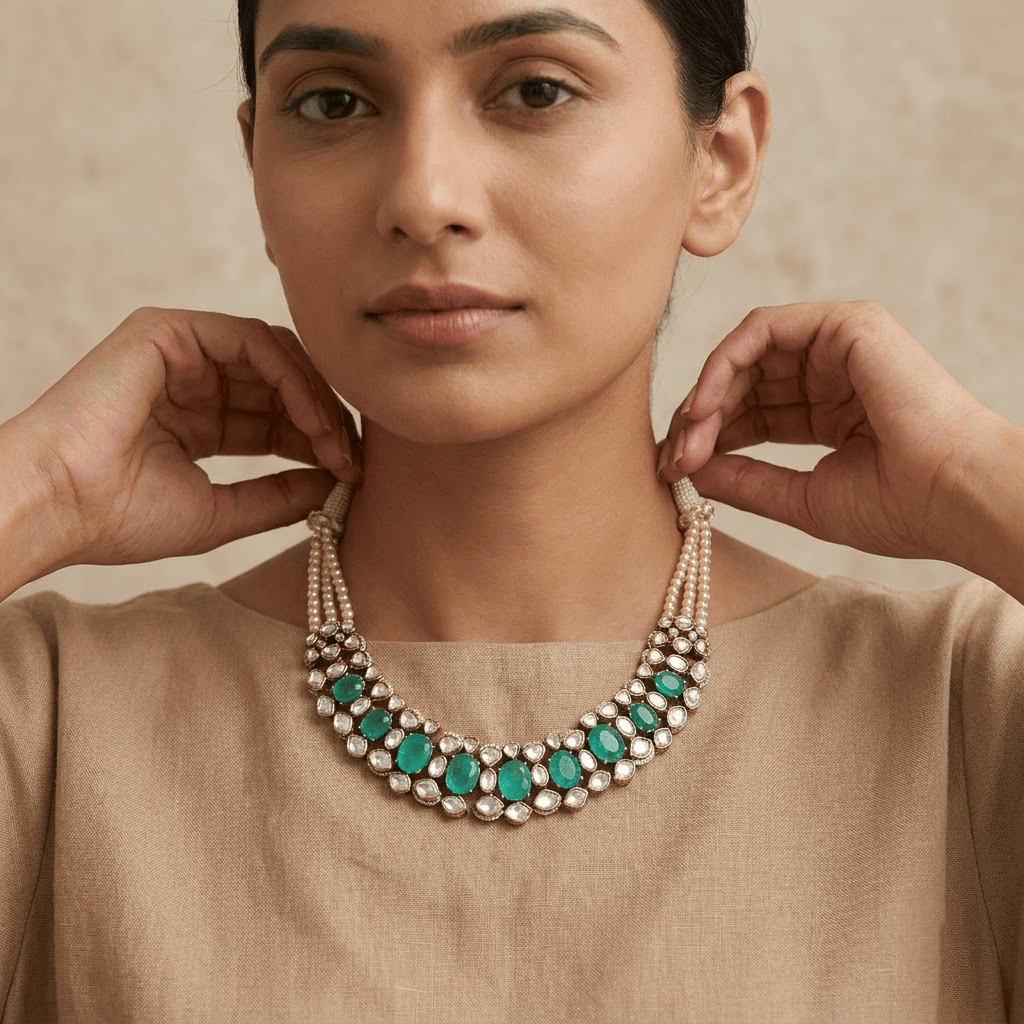 Mataari Necklaces Mint Oval Cubic Zirconia Antique Gold Polki Pearl Necklace for Wedding