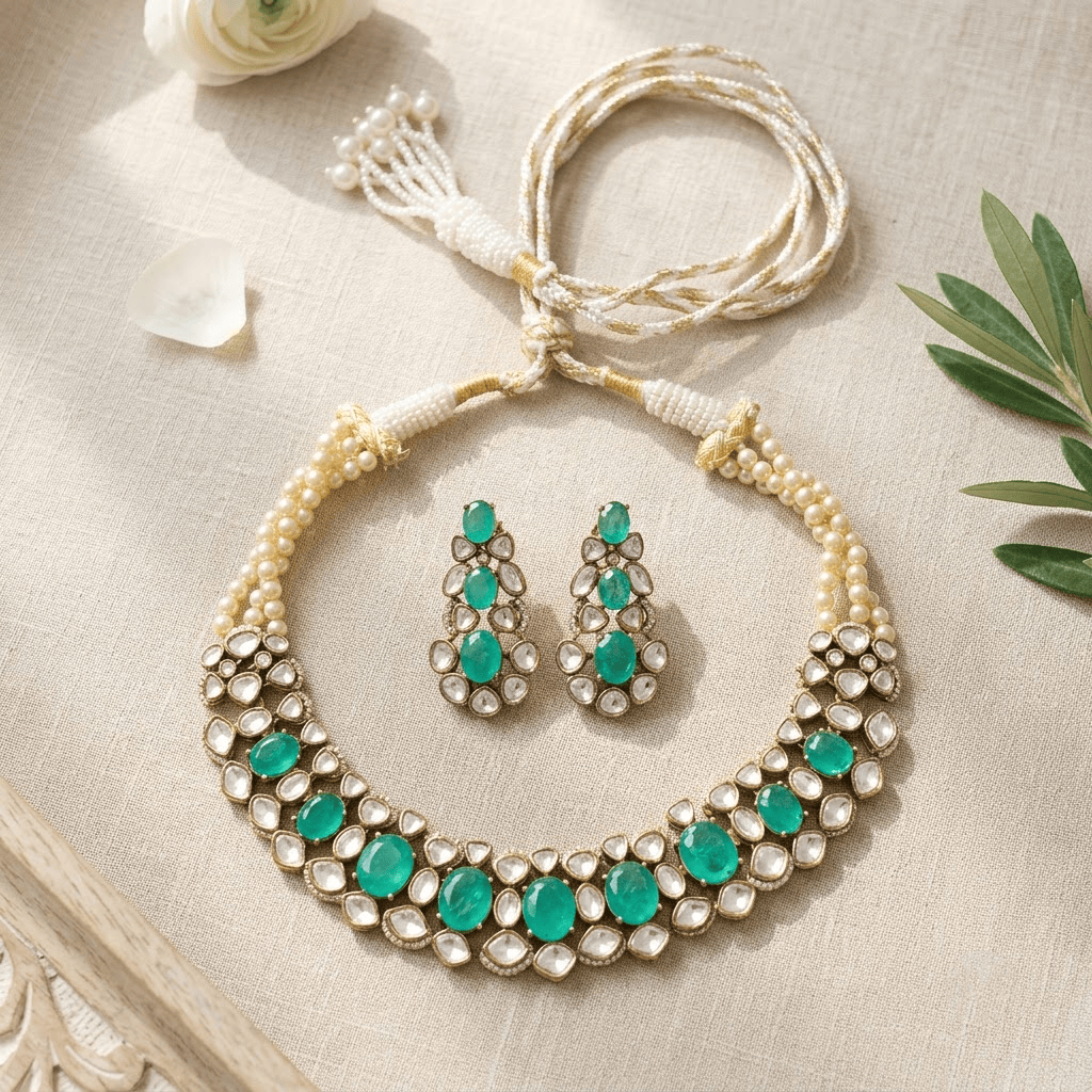 Mataari Necklaces Mint Oval Cubic Zirconia Antique Gold Polki Pearl Necklace for Wedding