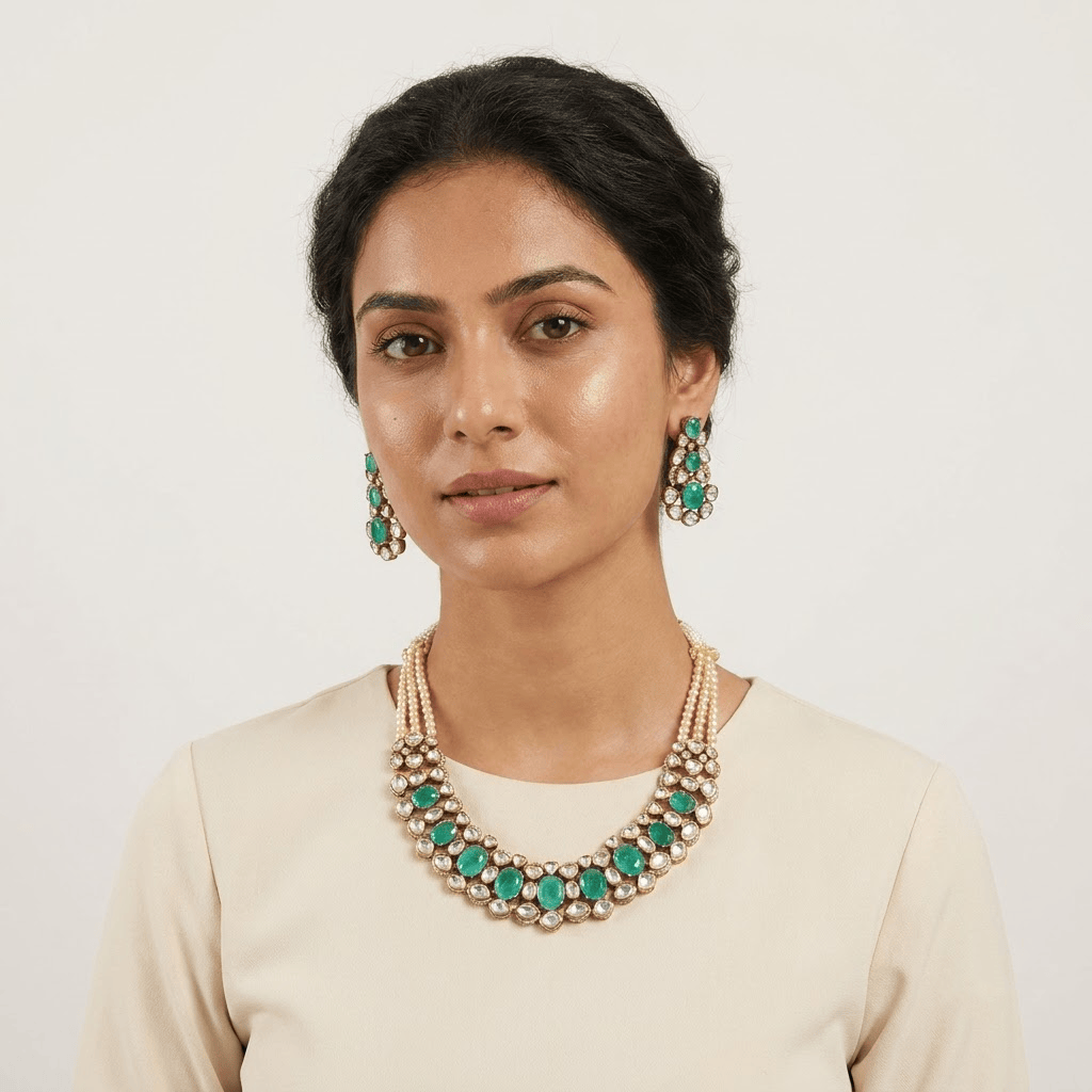 Mataari Necklaces Mint Oval Cubic Zirconia Antique Gold Polki Pearl Necklace for Wedding