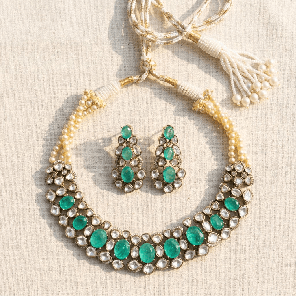 Mataari Necklaces Mint Oval Cubic Zirconia Antique Gold Polki Pearl Necklace for Wedding