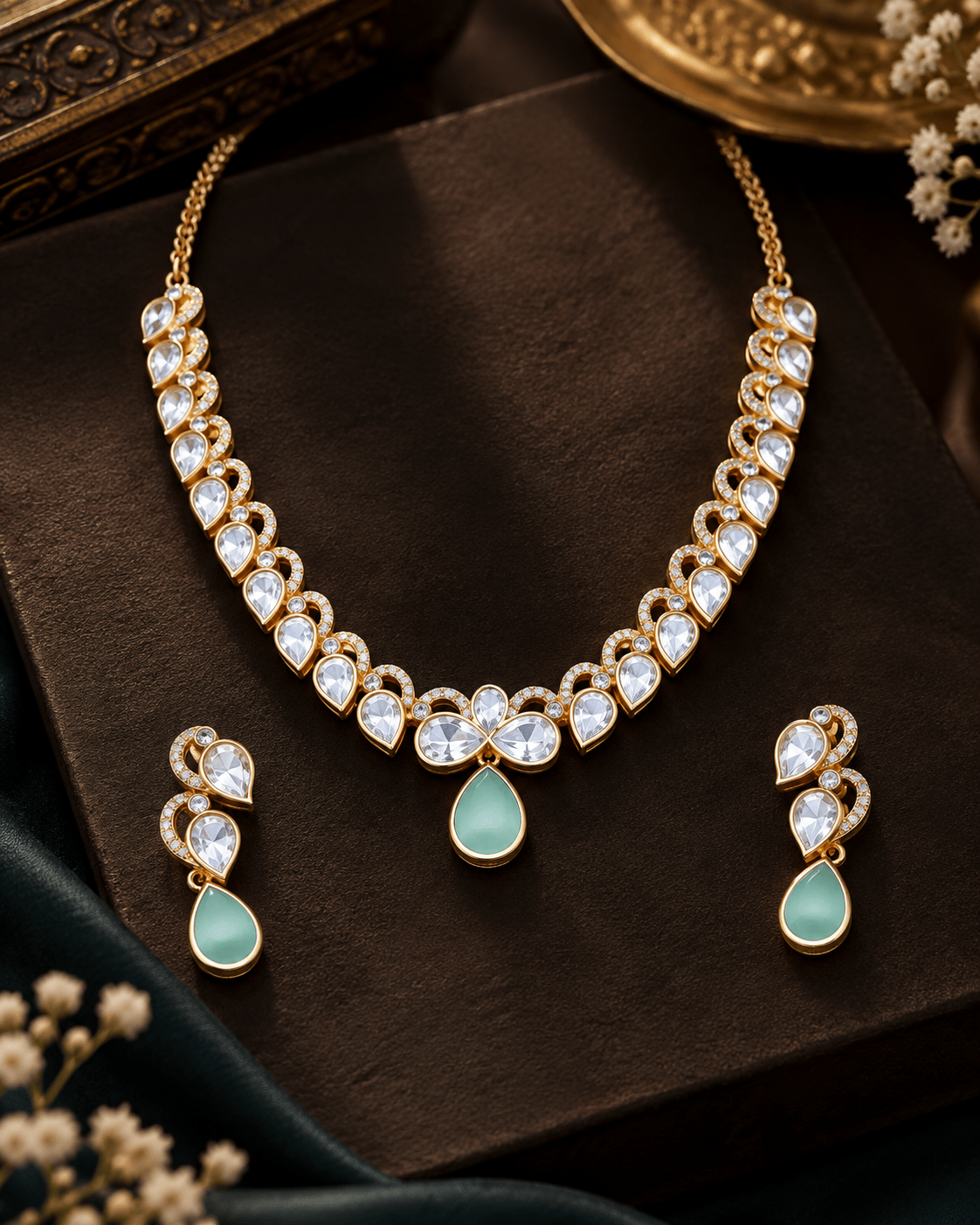Mataari Necklaces Rajvi Gold Plated Polki Kundan Teardrop Solitaire Necklace