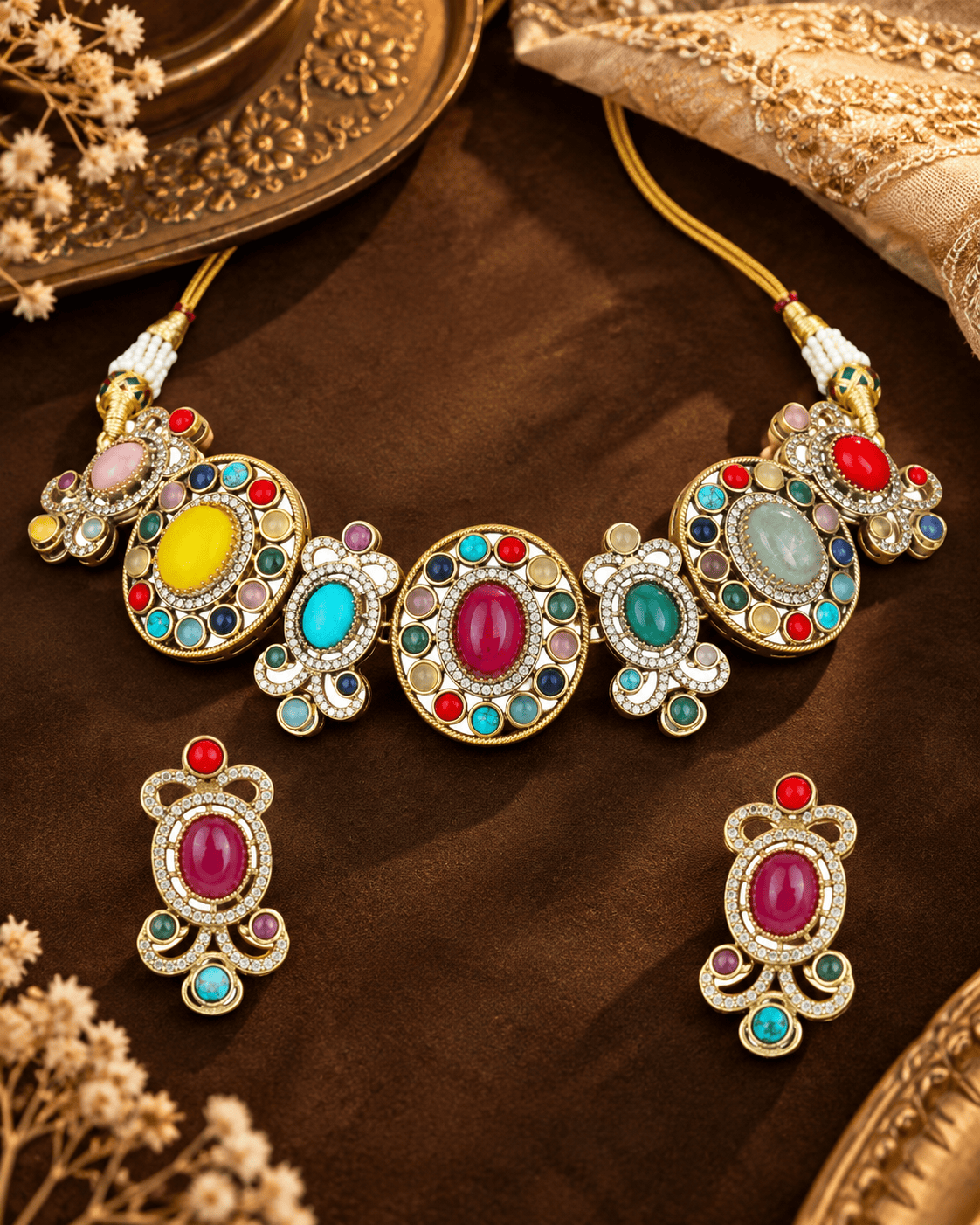 Mataari Necklaces Vaidehi Navratna Crystal CZ Gold Plated Choker Necklace Set