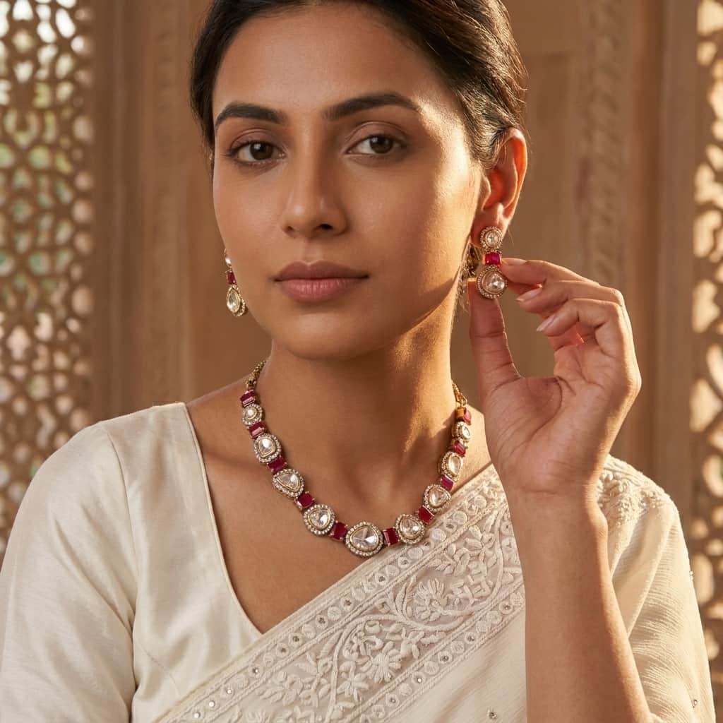 Mataari Necklaces Moissanite Kundan Polki Wedding Bridal Necklace with Drop Earrings