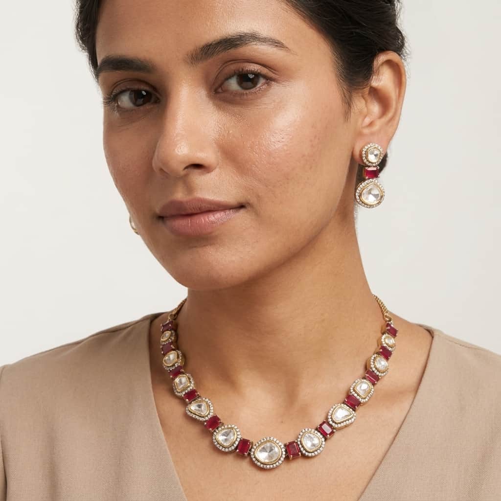 Mataari Necklaces Moissanite Kundan Polki Wedding Bridal Necklace with Drop Earrings