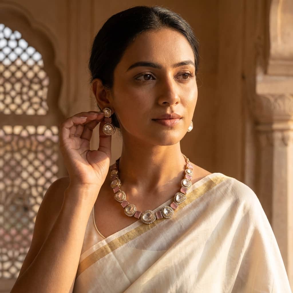 Mataari Necklaces Moissanite Kundan Polki Wedding Bridal Necklace with Drop Earrings