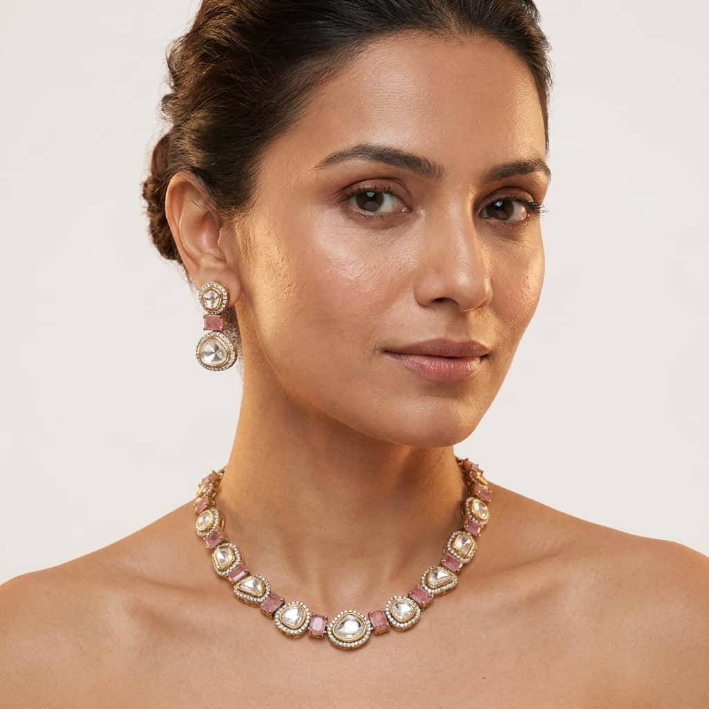 Mataari Necklaces Moissanite Kundan Polki Wedding Bridal Necklace with Drop Earrings
