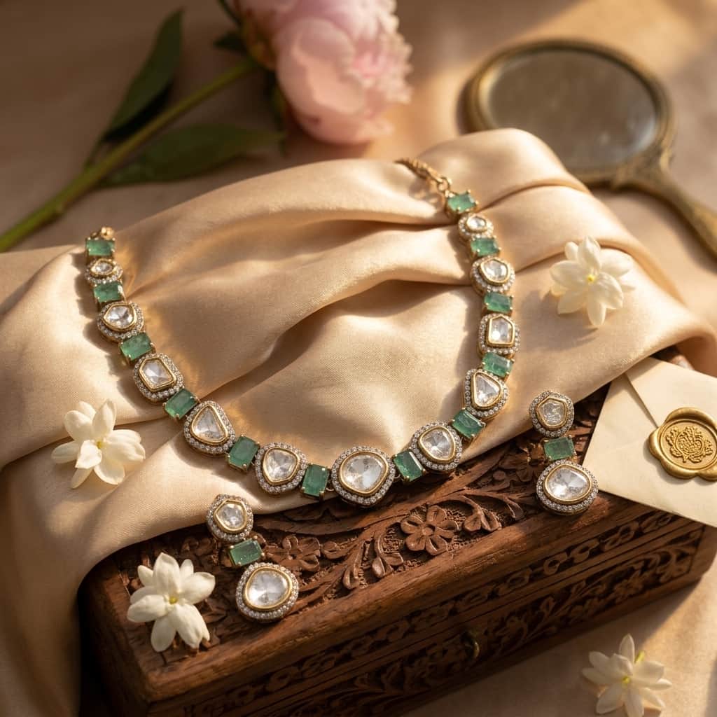 Mataari Necklaces Moissanite Kundan Polki Wedding Bridal Necklace with Drop Earrings