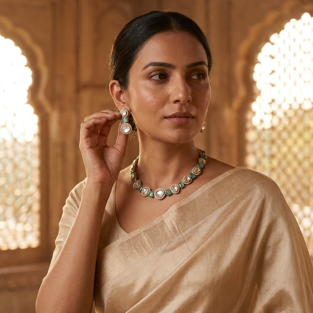 Mataari Necklaces Moissanite Kundan Polki Wedding Bridal Necklace with Drop Earrings