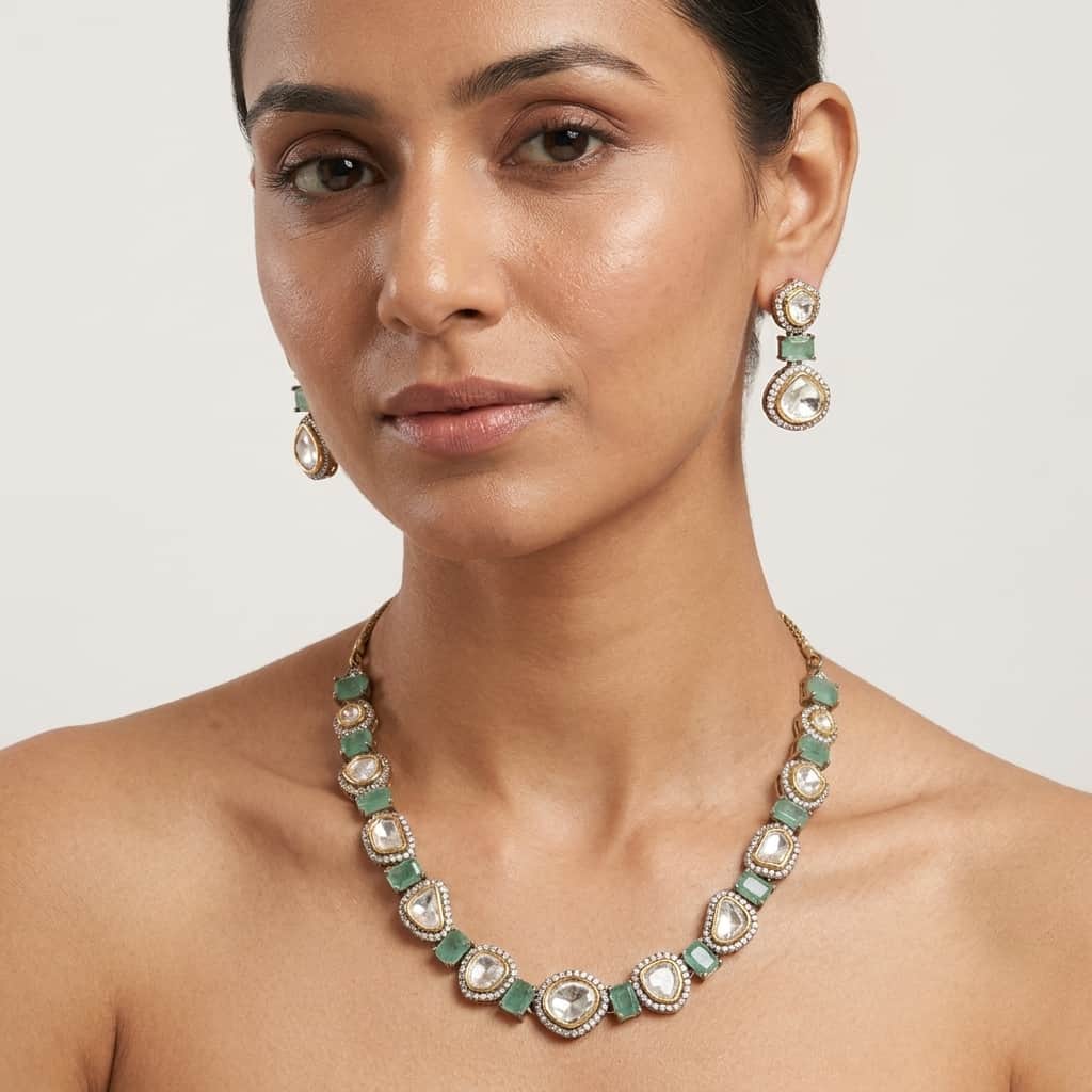 Mataari Necklaces Moissanite Kundan Polki Wedding Bridal Necklace with Drop Earrings