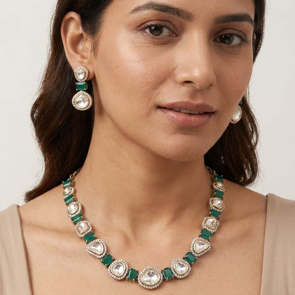 Mataari Necklaces Moissanite Kundan Polki Wedding Bridal Necklace with Drop Earrings