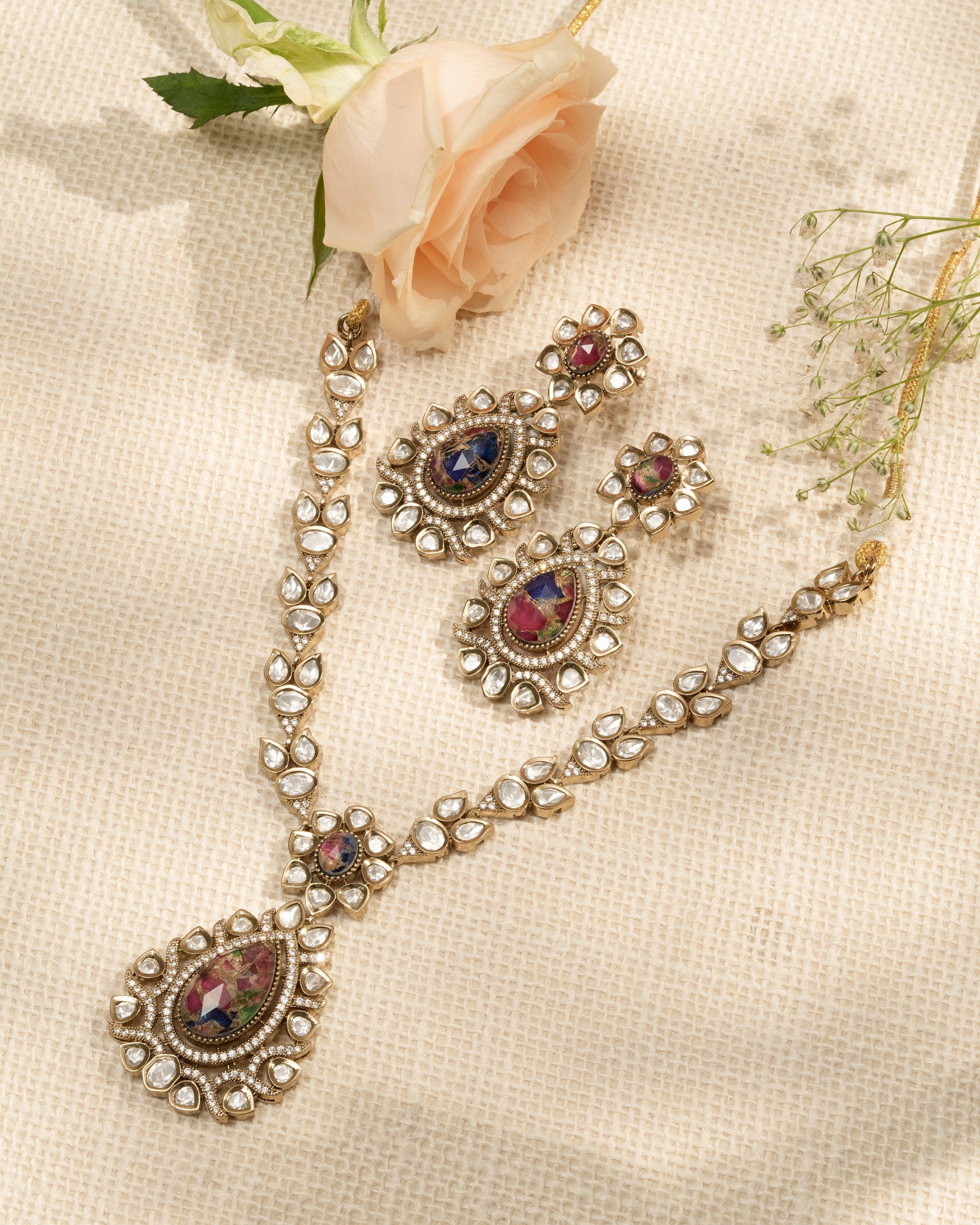 Mataari Necklaces Serene Ocean‑Blue Mosaic Natural Granite Pendant & | Kundan | Indian Jewelry | Mataari