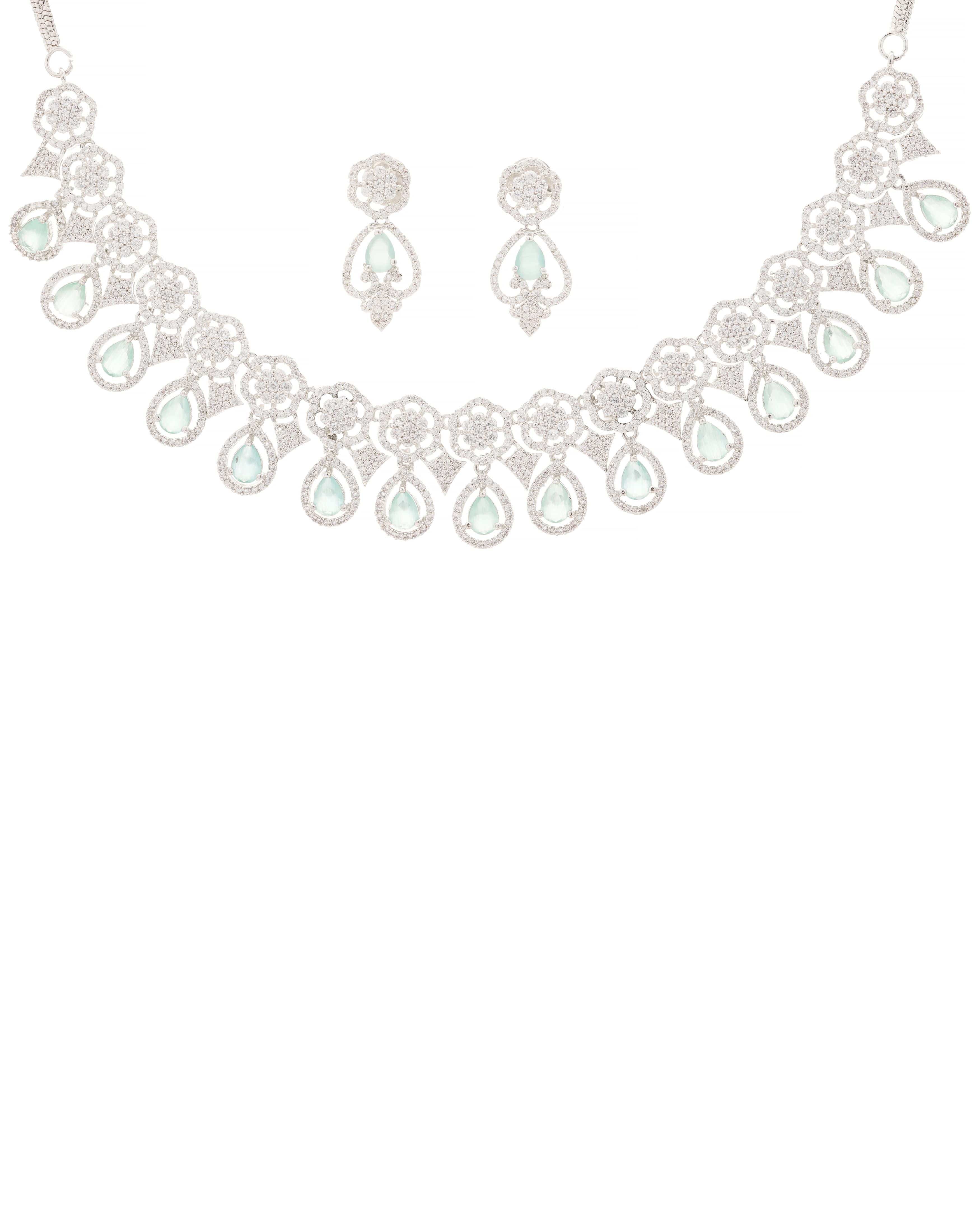 Mataari Necklaces Emerald Envy American Diamond Choker & Earring | Rhodium | Indian Jewelry | Mataari