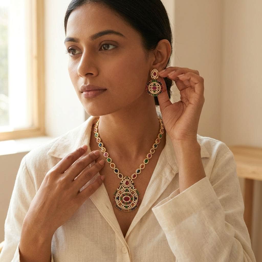 Mataari Necklaces Navratna Gold Plated Locket Pearl Long Bridal Necklace Set