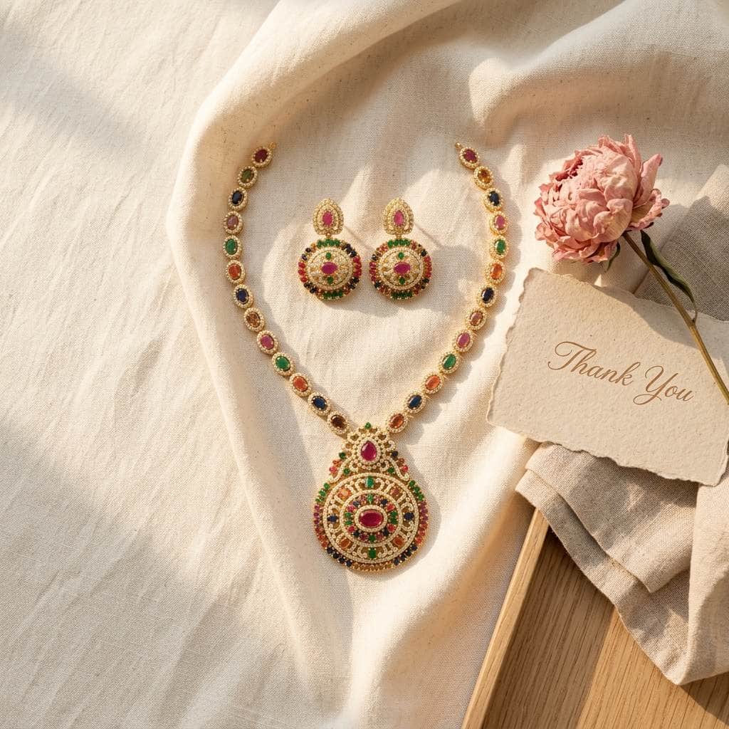 Mataari Necklaces Navratna Gold Plated Locket Pearl Long Bridal Necklace Set