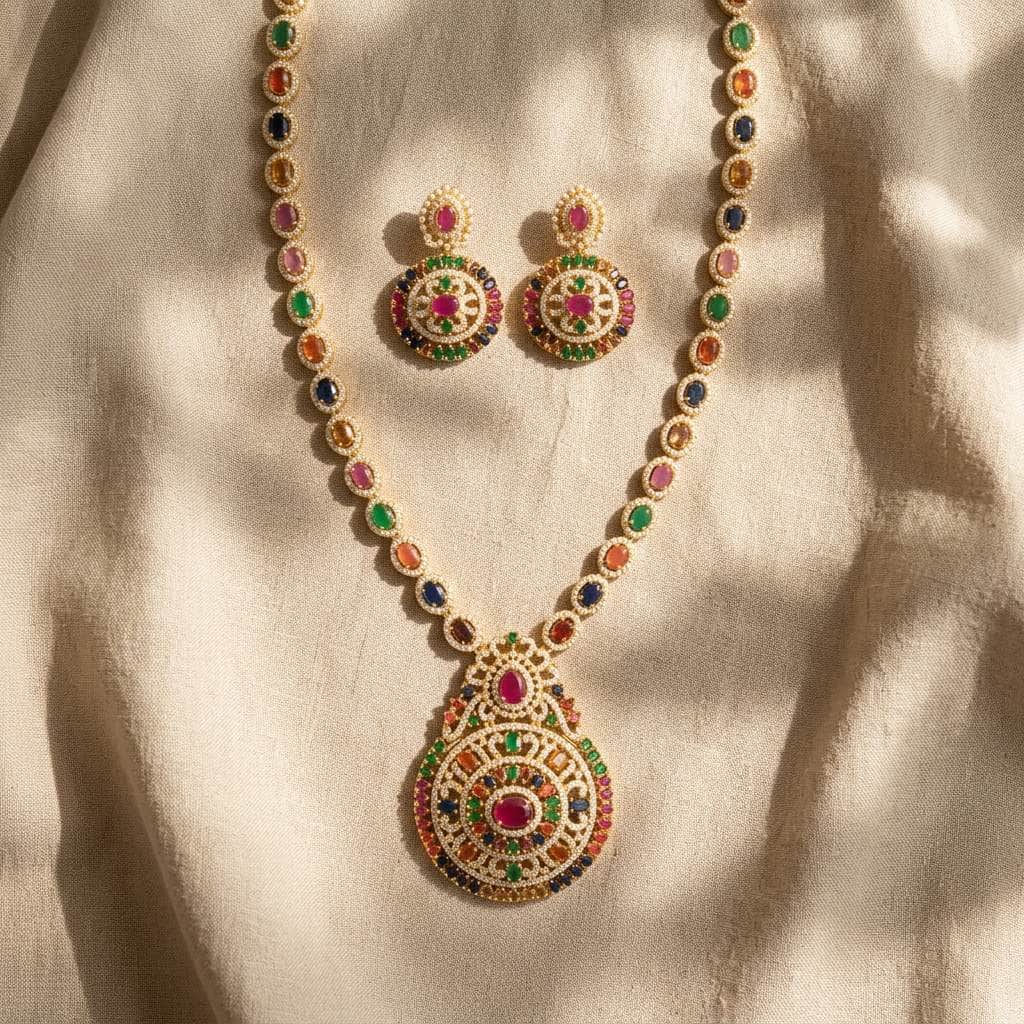 Mataari Necklaces Navratna Gold Plated Locket Pearl Long Bridal Necklace Set