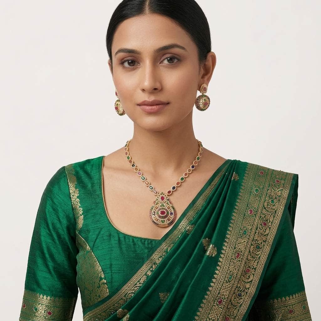 Mataari Necklaces Navratna Gold Plated Locket Pearl Long Bridal Necklace Set