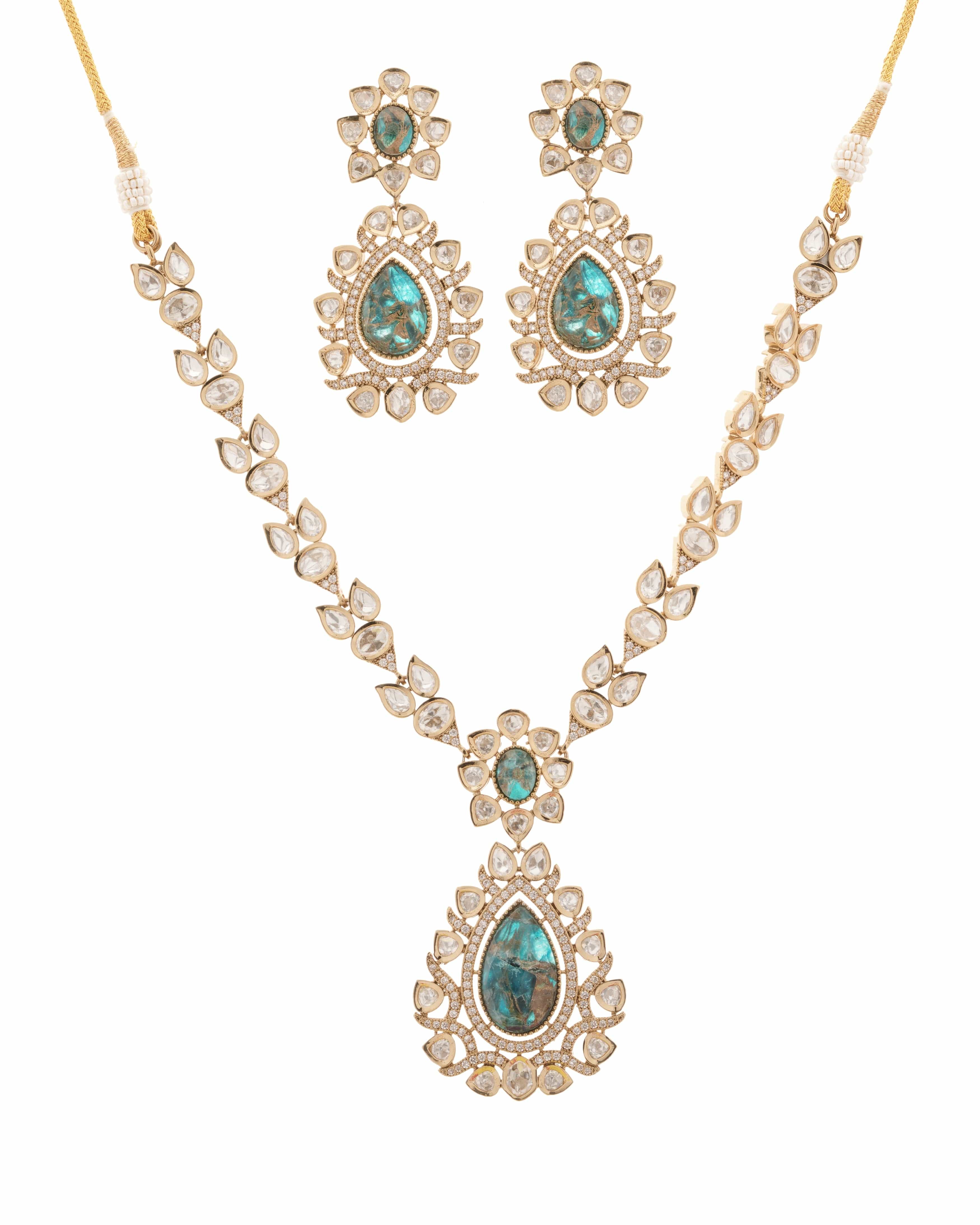 Mataari Necklaces Serene Ocean‑Blue Mosaic Natural Granite Pendant & | Kundan | Indian Jewelry | Mataari