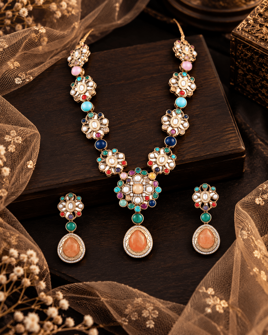 Mataari Necklaces Mehar Navratna Gold Plated Flower CZ Bridal Long Necklace