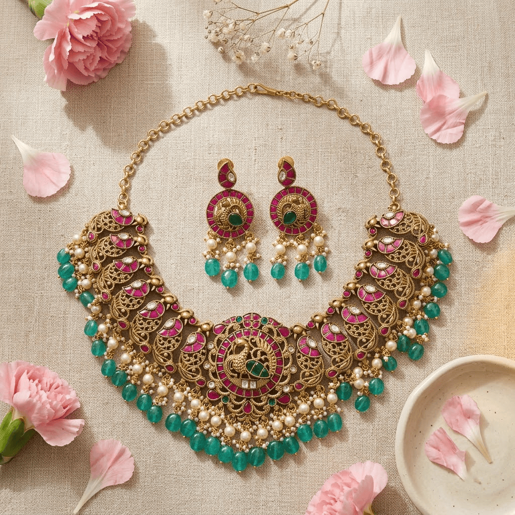 Mataari Necklaces Peacock Antique Gold Kundan Pearl Beaded Choker Polki Necklace