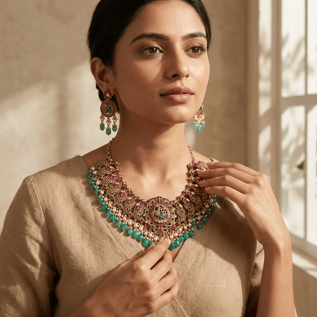 Mataari Necklaces Peacock Antique Gold Kundan Pearl Beaded Choker Polki Necklace