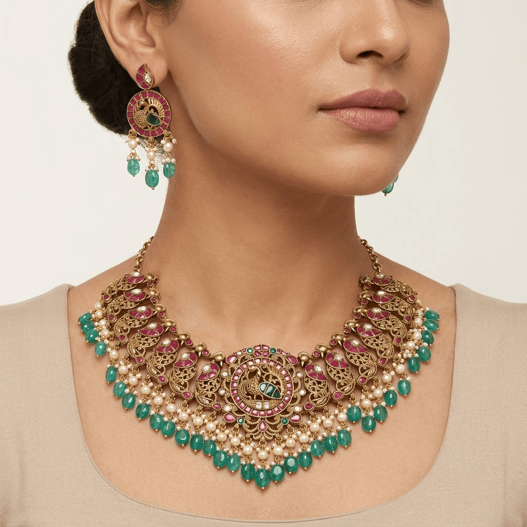 Mataari Necklaces Peacock Antique Gold Kundan Pearl Beaded Choker Polki Necklace
