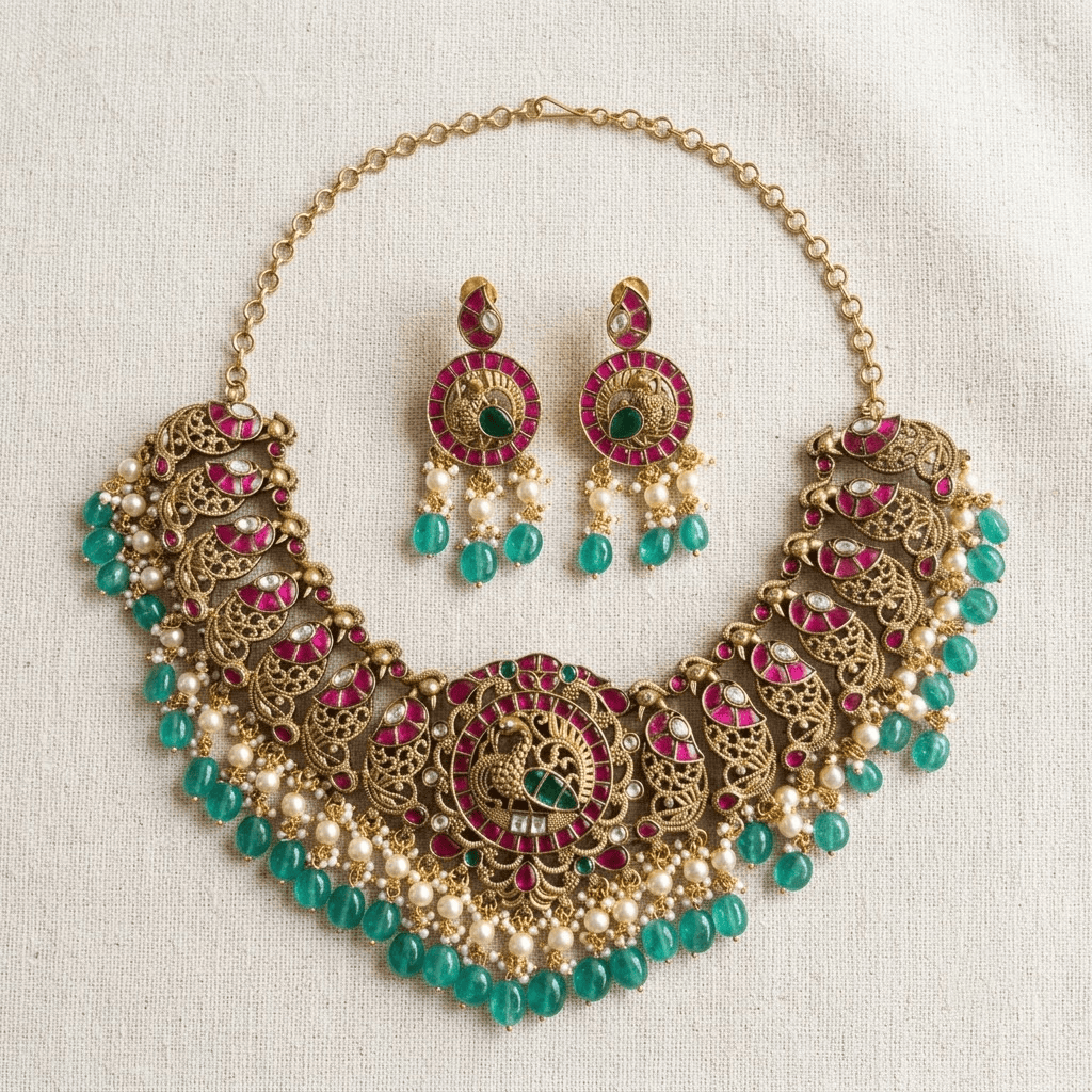 Mataari Necklaces Peacock Antique Gold Kundan Pearl Beaded Choker Polki Necklace