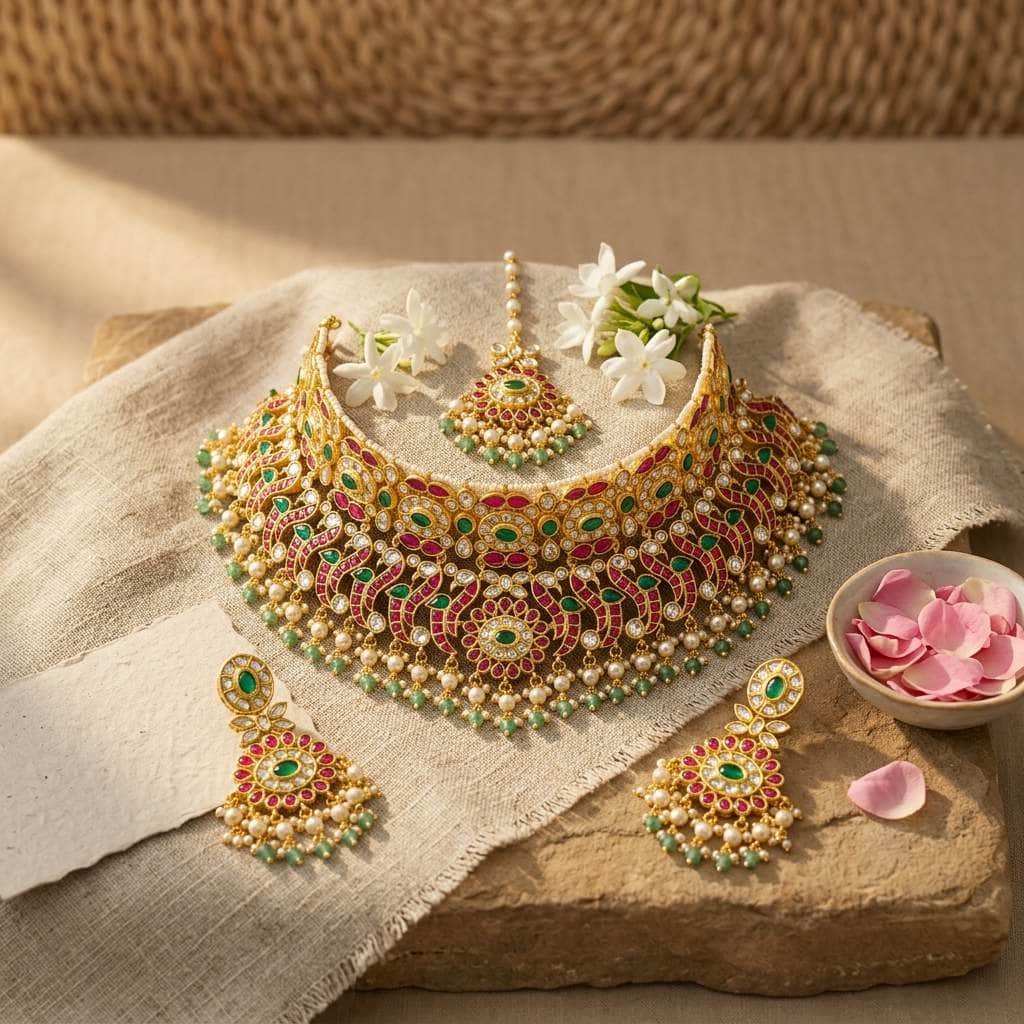 Mataari Necklaces Peacock Antique Gold Polki Kundan Pearl Beaded Bridal Choker Necklace Set with Maang Tikka