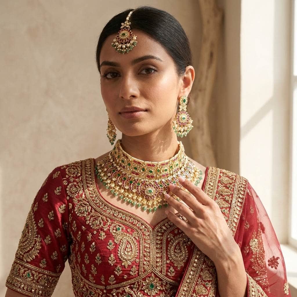 Mataari Necklaces Peacock Antique Gold Polki Kundan Pearl Beaded Bridal Choker Necklace Set with Maang Tikka