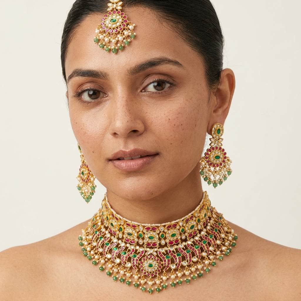 Mataari Necklaces Peacock Antique Gold Polki Kundan Pearl Beaded Bridal Choker Necklace Set with Maang Tikka