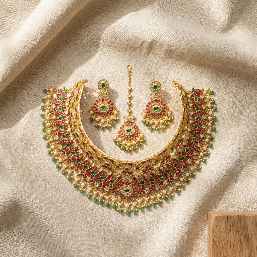 Mataari Necklaces Peacock Antique Gold Polki Kundan Pearl Beaded Bridal Choker Necklace Set with Maang Tikka
