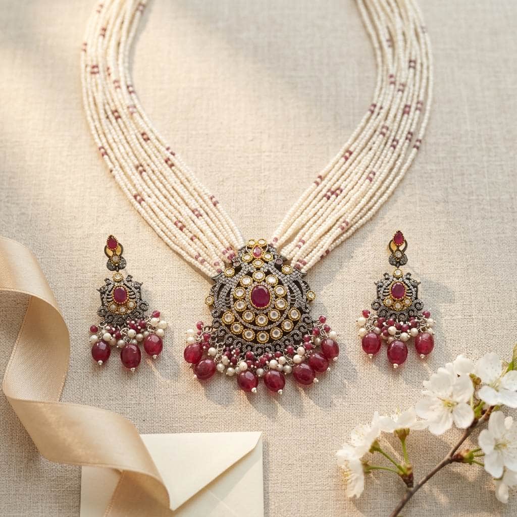 Mataari Necklaces Peacock Black Victorian Flower Crystal CZ Pearl Beaded Layered Necklace