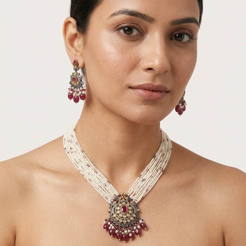 Mataari Necklaces Peacock Black Victorian Flower Crystal CZ Pearl Beaded Layered Necklace