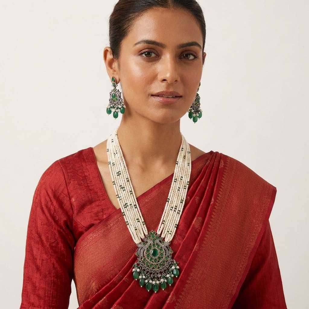 Mataari Necklaces Peacock Black Victorian Flower Crystal CZ Pearl Beaded Layered Necklace