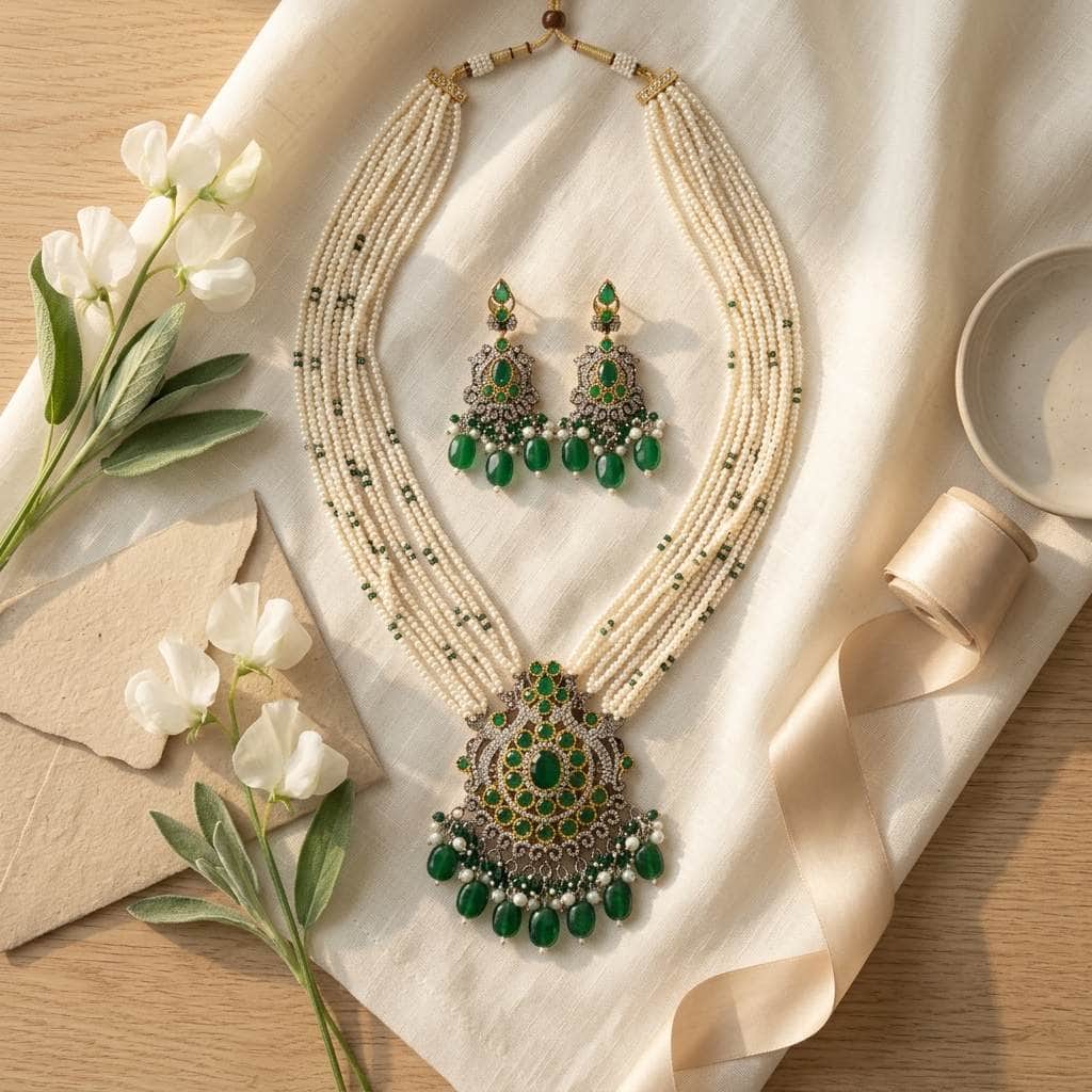 Mataari Necklaces Peacock Black Victorian Flower Crystal CZ Pearl Beaded Layered Necklace