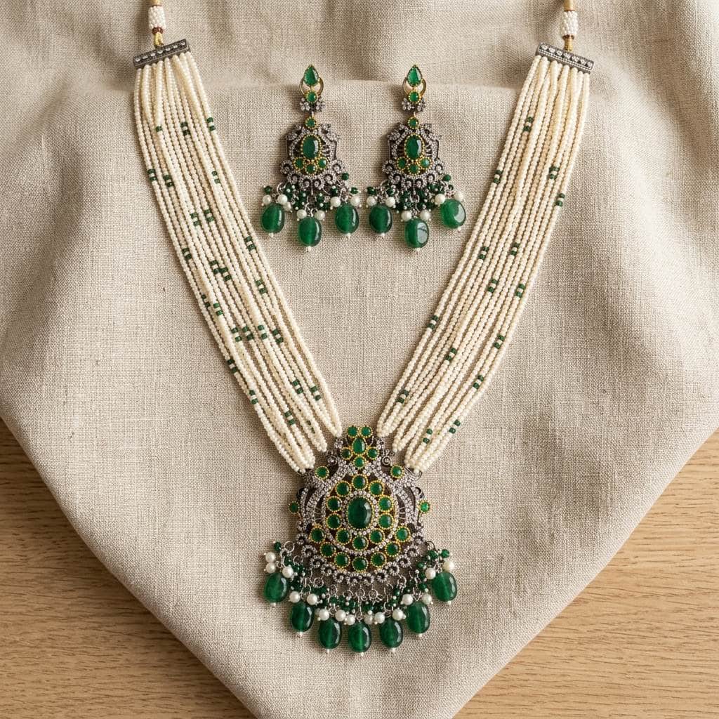 Mataari Necklaces Peacock Black Victorian Flower Crystal CZ Pearl Beaded Layered Necklace