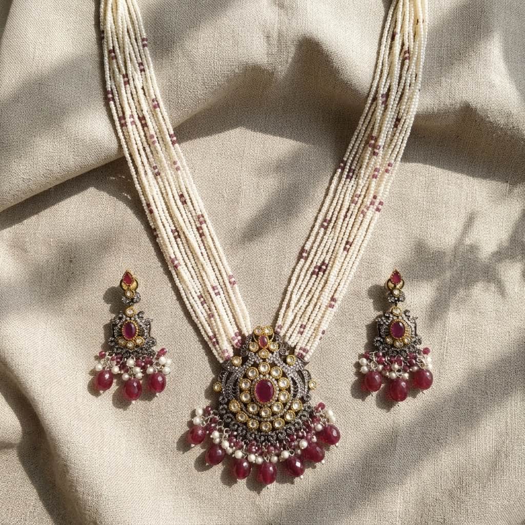 Mataari Necklaces Peacock Black Victorian Flower Crystal CZ Pearl Beaded Layered Necklace