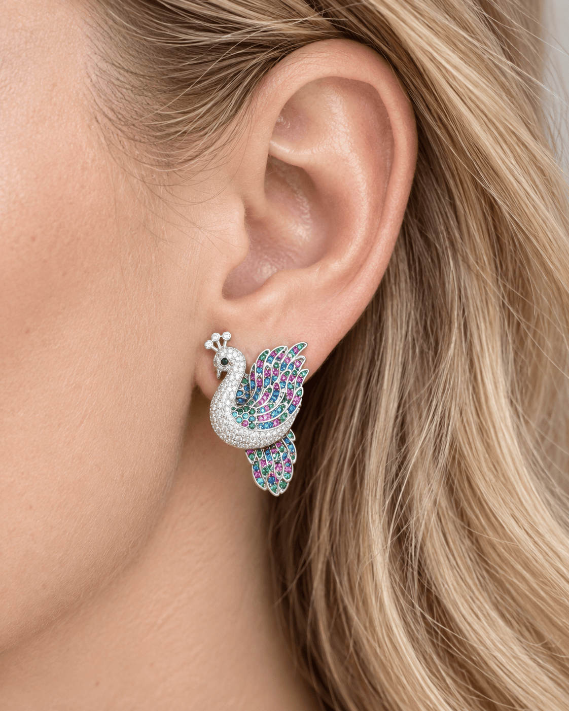 Mataari Necklaces Peacock Silver Plated Multicolour Crystal Cubic Zirconia Bridal Necklace