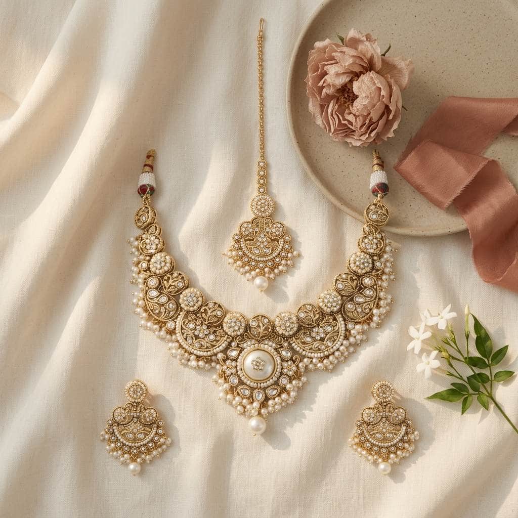Mataari Necklaces Pearl Antique Gold Kundan Polki Beaded Bridal Necklace with Maang Tikka