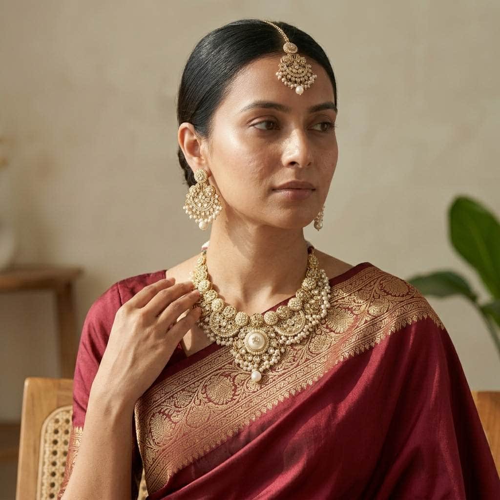 Mataari Necklaces Pearl Antique Gold Kundan Polki Beaded Bridal Necklace with Maang Tikka