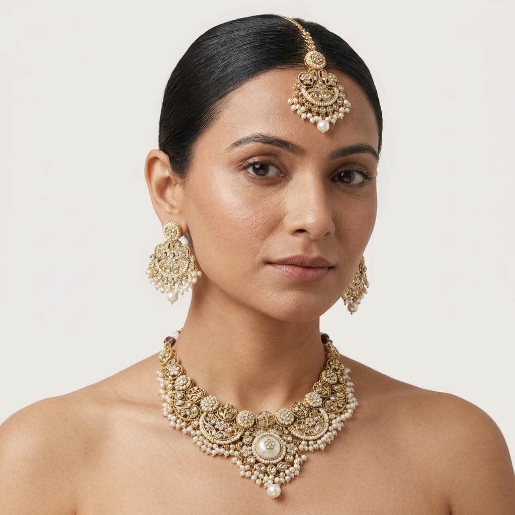 Mataari Necklaces Pearl Antique Gold Kundan Polki Beaded Bridal Necklace with Maang Tikka