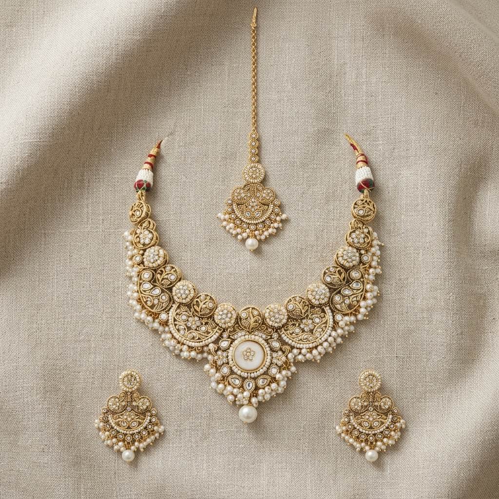 Mataari Necklaces Pearl Antique Gold Kundan Polki Beaded Bridal Necklace with Maang Tikka