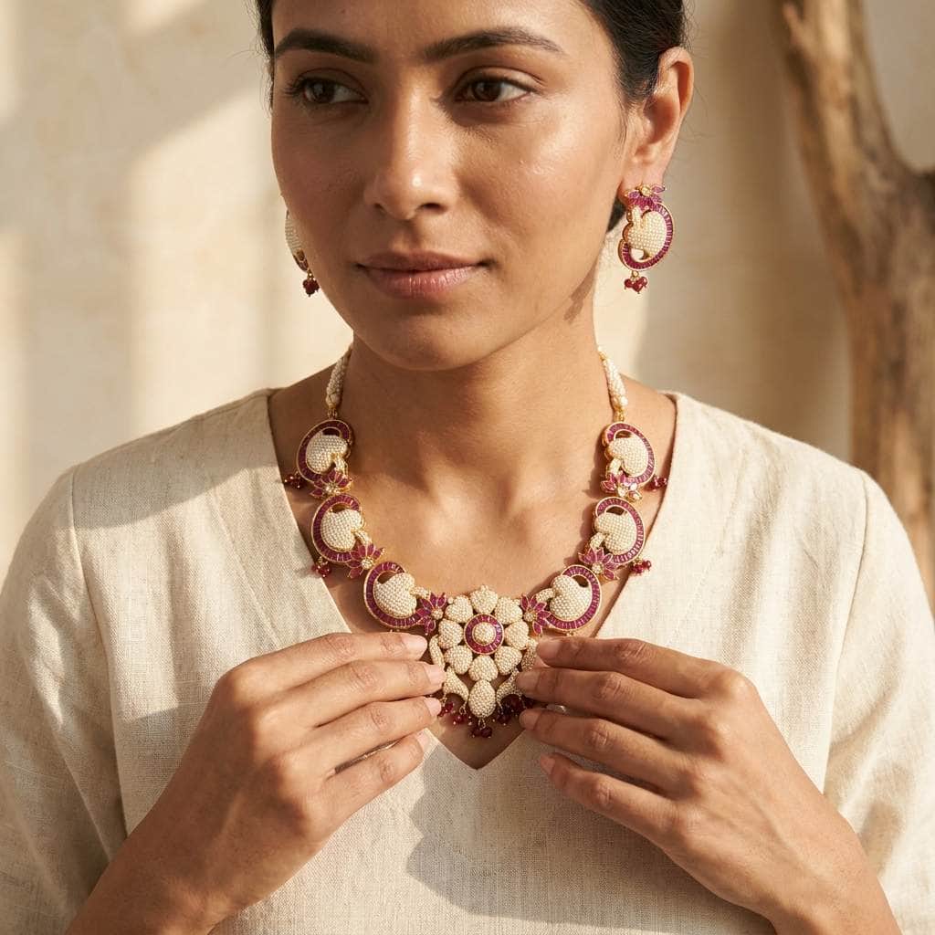 Mataari Necklaces Pearl Flower Gold Ruby Baguette Beaded Bridal Necklace