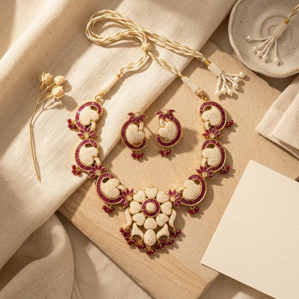 Mataari Necklaces Pearl Flower Gold Ruby Baguette Beaded Bridal Necklace