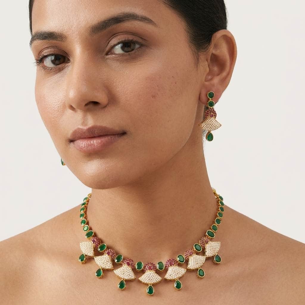 Mataari Necklaces Pearl Flower Gold Wedding Bridal Necklace with Ruby & Emerald Accents