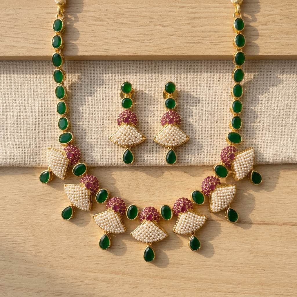 Mataari Necklaces Pearl Flower Gold Wedding Bridal Necklace with Ruby & Emerald Accents