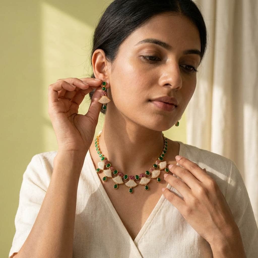Mataari Necklaces Pearl Flower Gold Wedding Bridal Necklace with Ruby & Emerald Accents