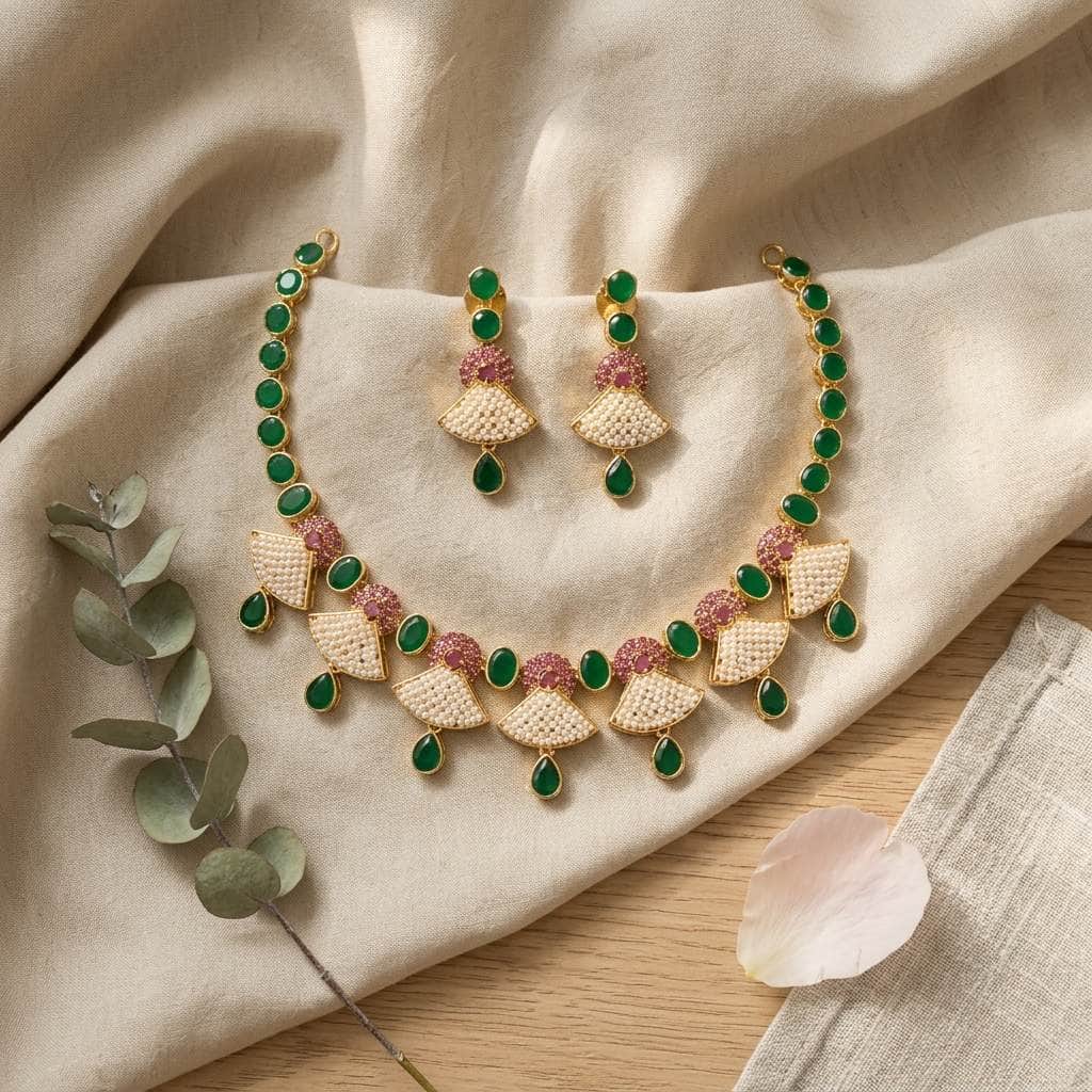 Mataari Necklaces Pearl Flower Gold Wedding Bridal Necklace with Ruby & Emerald Accents