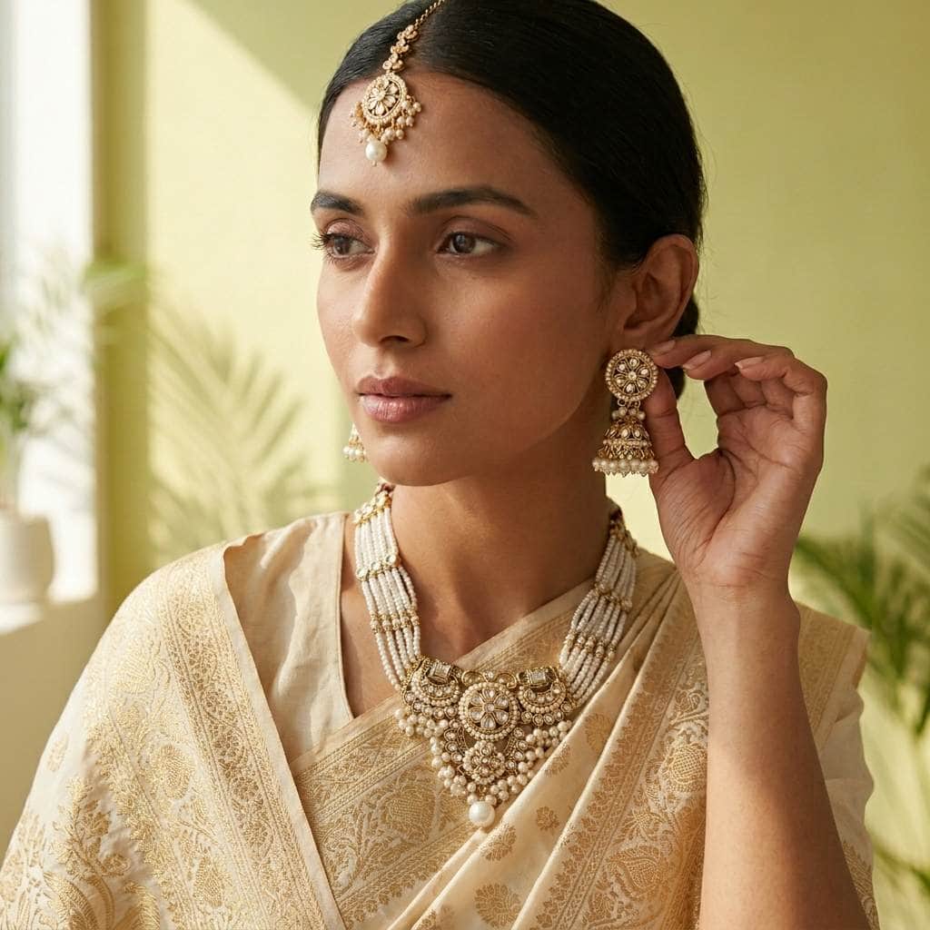 Mataari Necklaces Pearl Kundan Antique Gold Polki Emerald Beaded Bridal Necklace with Maang Tikka